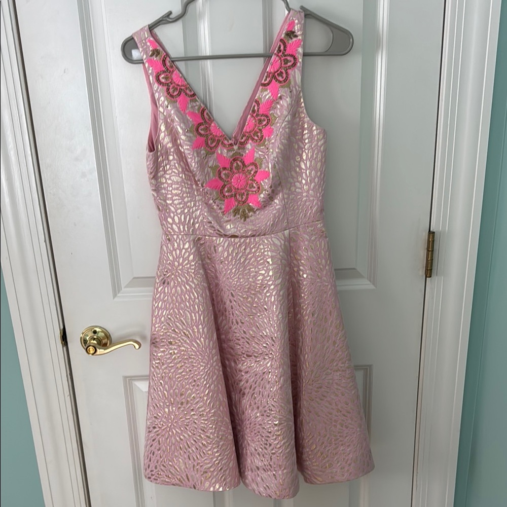 Lilly Pulitzer Pink and Gold Embroidered Dress